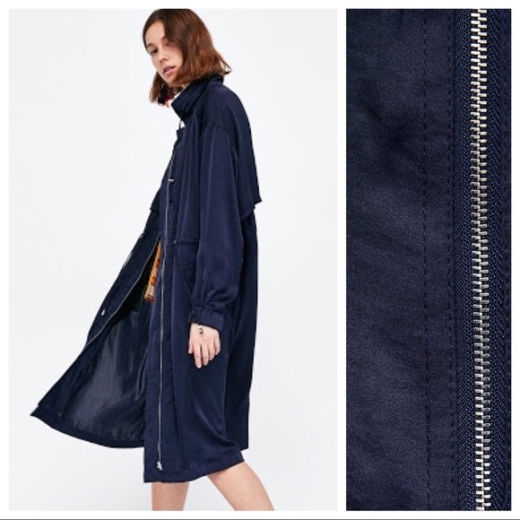 NWT. Zara Dark Blue Flowing Trench Coat. Size M-L. - Picture 2 of 8
